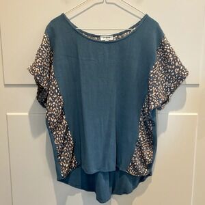 Umgee Women's Blue Linen Cotton Blend Leopard Print Panel Tunic Top Size L‎